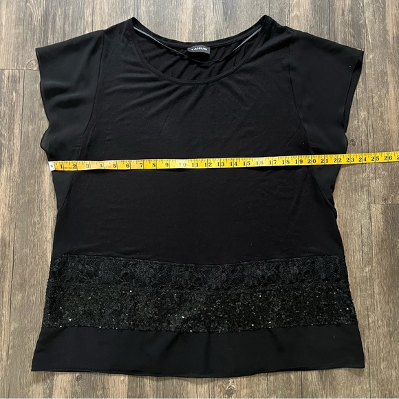 Taifun 80s Vtg Black Short Sleeves Round Neck Sequin Hem Women's Top T-Shirt L - Picture 10 of 11